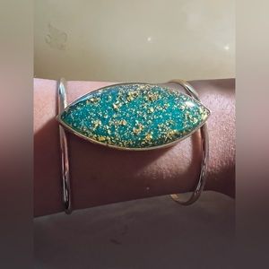 Gold Vintage Turquoise Handcuff Style Bracelet.Adjustable Cuff.